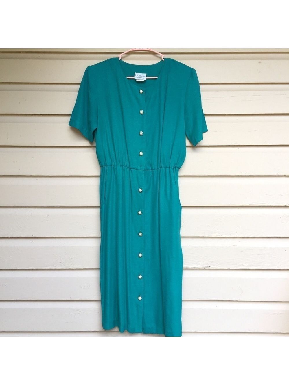 Vintage 80s Dress Teal Short Sleeve Buttons Medium